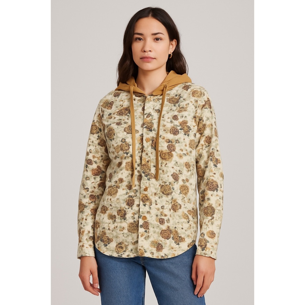 Original Use Womens Floral Hooded Button Down Shirt Jacket Size L